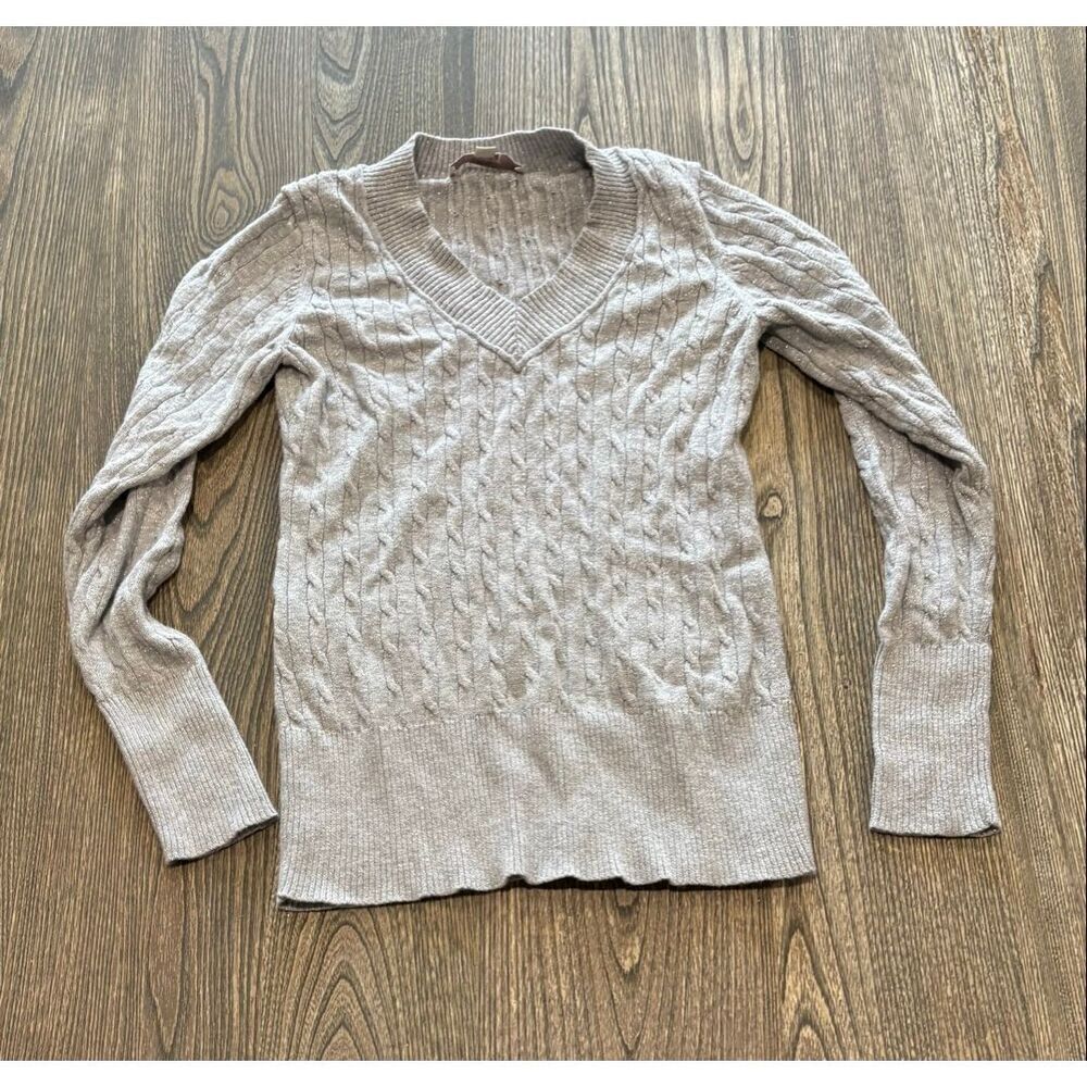 Ann Taylor LOFT Womens Metallic Cable Knit Sweater V-Neck Pullover Gray Size S